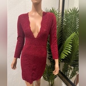 Free People Red Lace Bodycon Plunge Dress